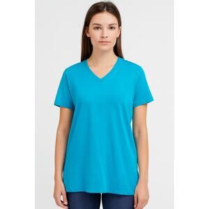 D&Co Essentials Women's V-Neck T-Shirt – Size Small Turquoise Blue 100% Cotton
